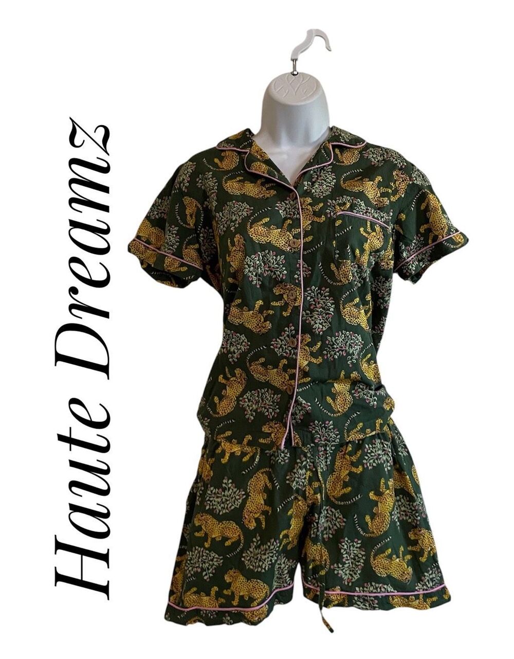 Haute Dreamz Medium Pajama Set Tiger Print 100% Cotton Green